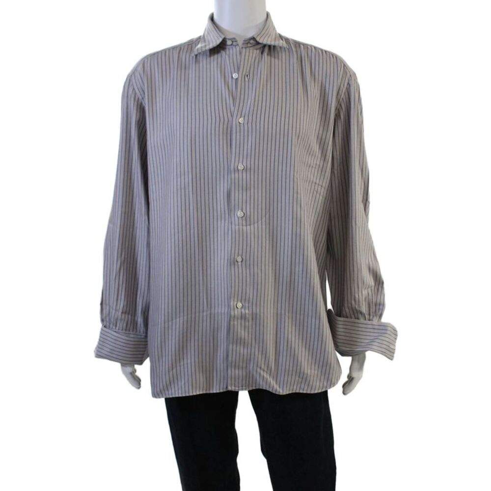 Borrelli Mens Point Collar Beige Cotton Dress Shirt Big & Tall Size M
